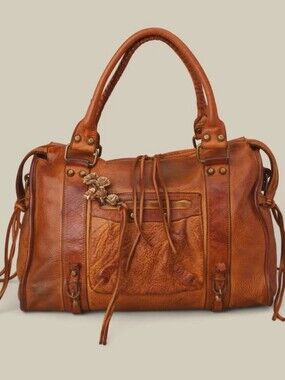 Italian Brown Leather Handbag With Fringe, Tassels, and Brass Hardware